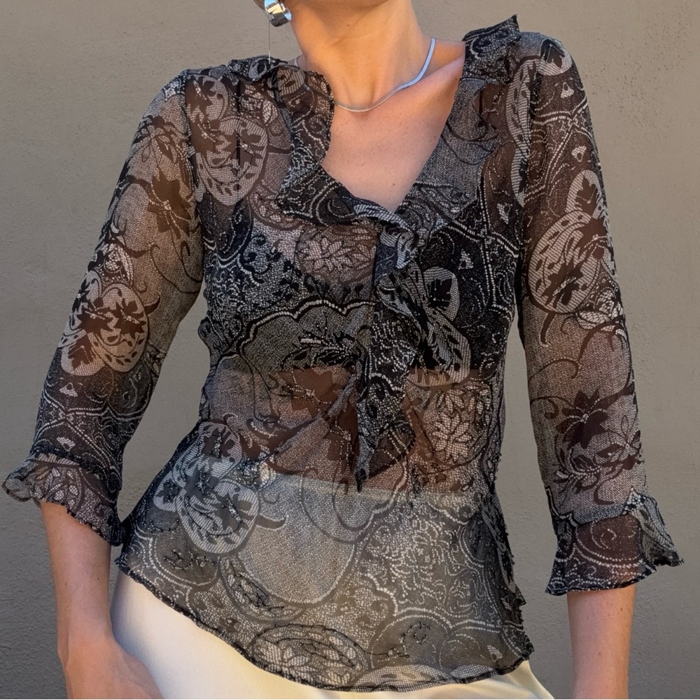 Vintage Y2k Sheer Silk Lace Print Top